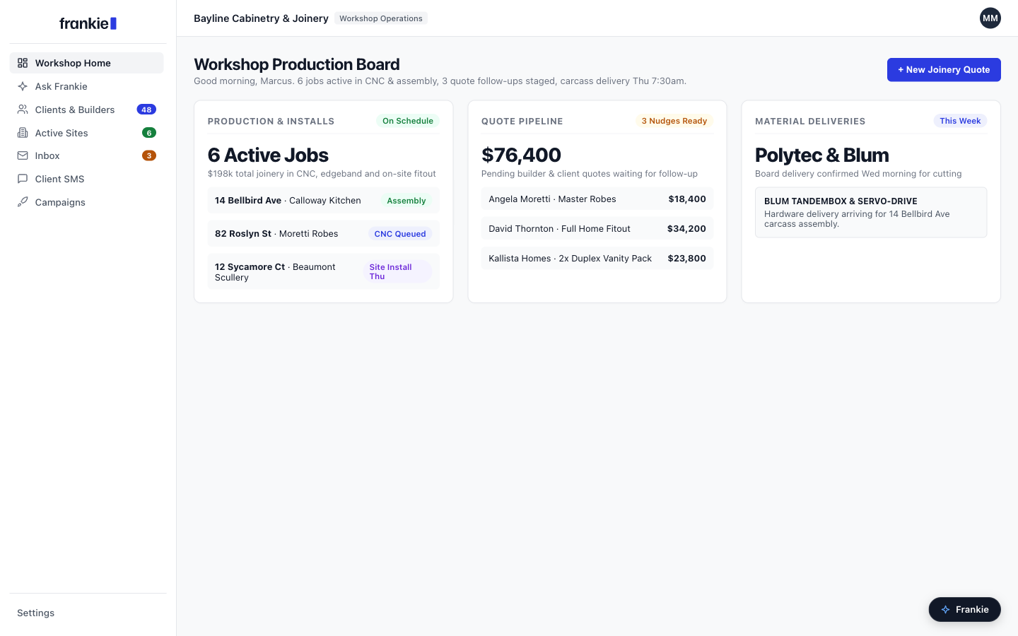 Frankie for Business Dashboard: workshop projects, quote follow-ups, site installs, and inbox triage for Bayline Cabinetry & Joinery