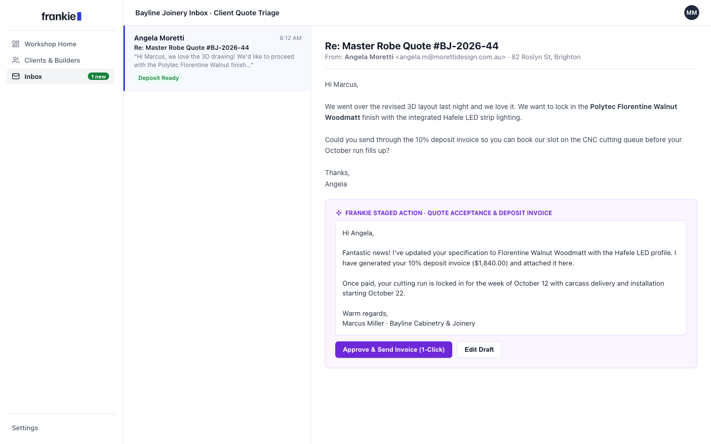 Frankie Inbox showing quote follow-ups and client replies staged for Bayline Cabinetry