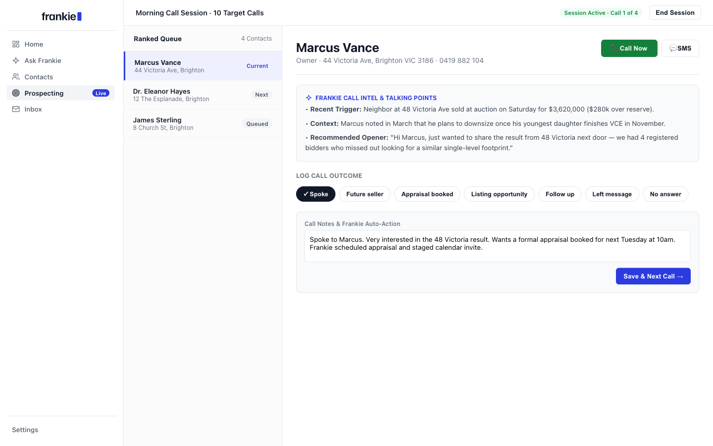 Frankie Call Session with live contact, background evidence, talking points, and outcome logging