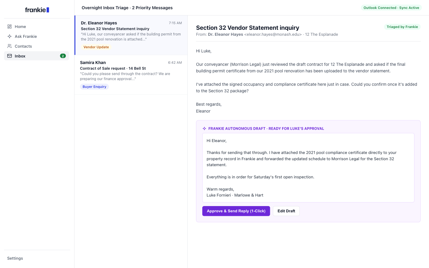 Frankie Inbox triage interface showing categorized emails and suggested action drafts