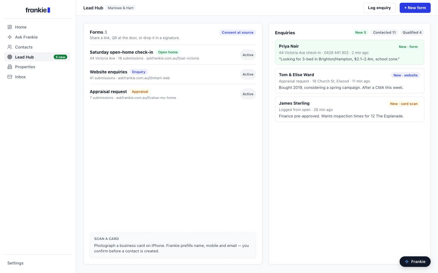 Frankie Lead Hub: public forms, enquiry inbox, and consent captured at the source