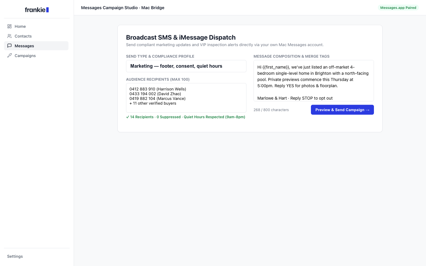 Creative mode campaign builder with consent verification and preview