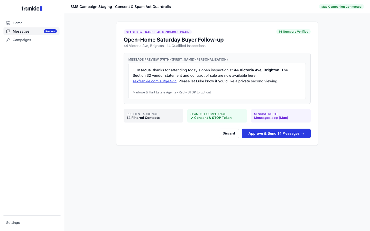 Frankie SMS review queue showing staged open-home buyer follow-up messages